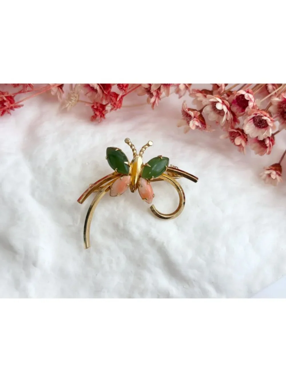 12k Gold Filled Carl Art Butterfly Figural Coral & Jade Vintage Brooch Pin